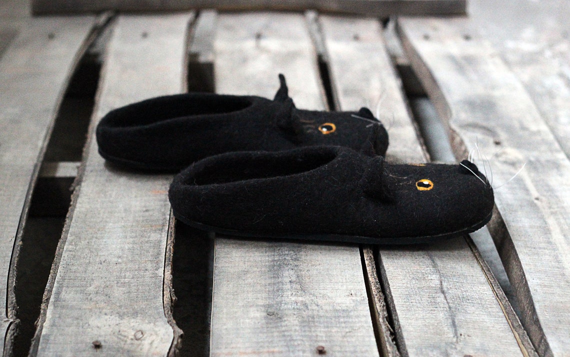 Black Cat slippers for men cats wool shoes felted animals Etsy