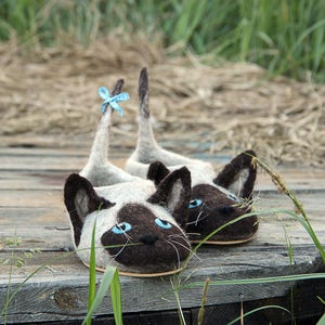 Siamese cats slippers, Himalayan cats, mink, Tonkinese, Burmese cat toy, animals, custom size, felted shoes, wool, cats, flat slippers, gift imagen 5