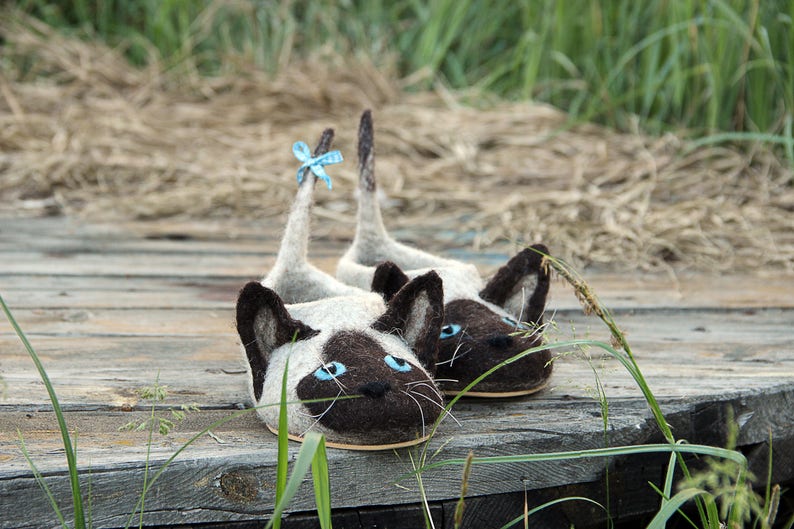 Siamese cats slippers, Himalayan cats, mink, Tonkinese, Burmese cat toy, animals, custom size, felted shoes, wool, cats, flat slippers, gift imagen 5