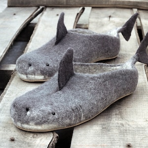 White shark slippers, handmade custom wool felted shoes, sea predators, deep water fish, ocean animals, natural felting, personalized