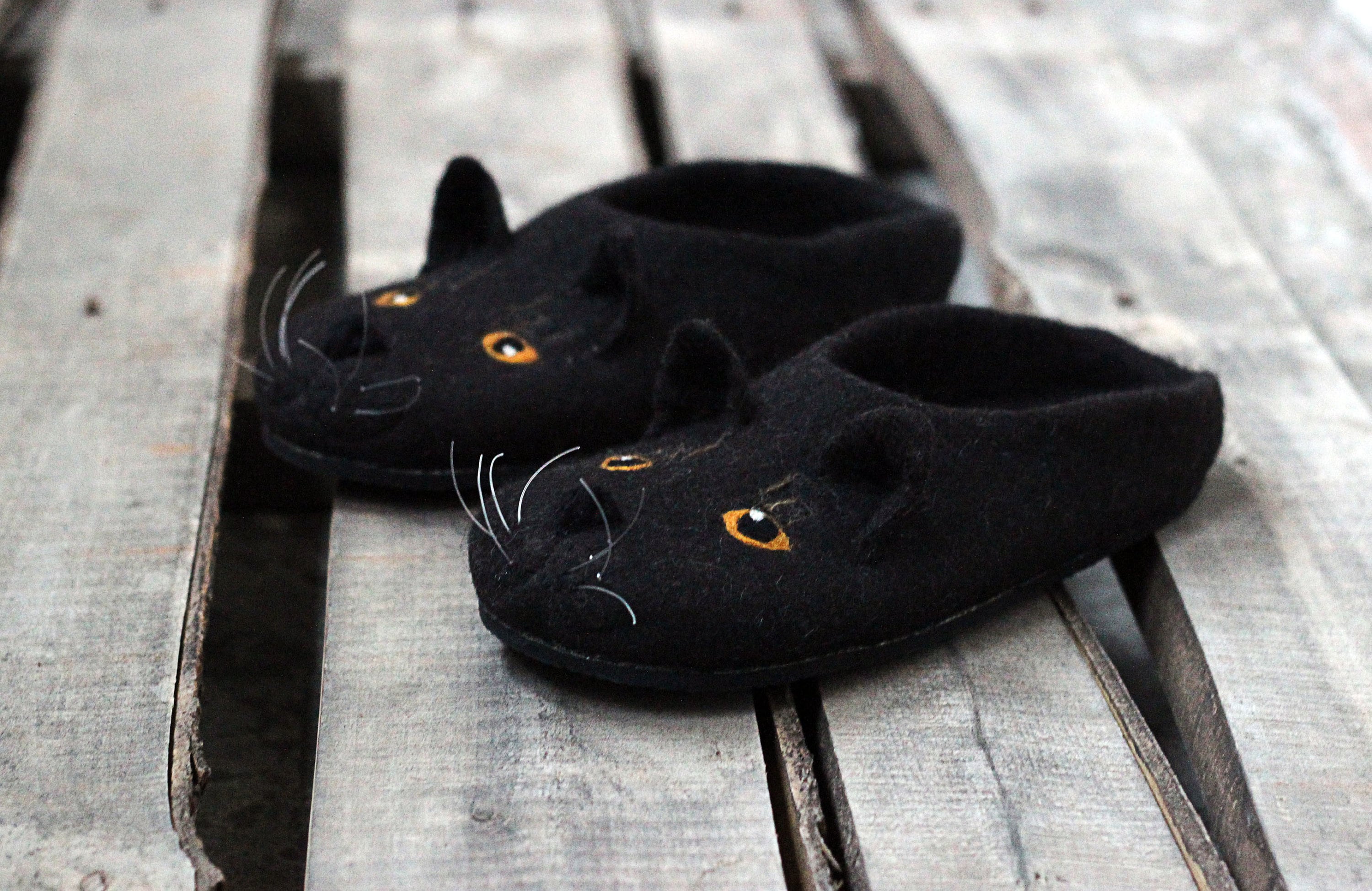 Black Cat Slippers for Men Cats Wool Shoes Felted Animals Etsy