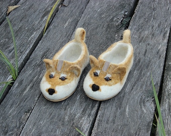 Puppies Shiba Inu dogs slippers for toddlers, wool flat shoes/toy, natural felting, felted animals, all-seasons, gift for woman, girl, boy