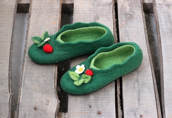 Strawberry Felted Slippers Any Sizes Custom Size Shoes Green