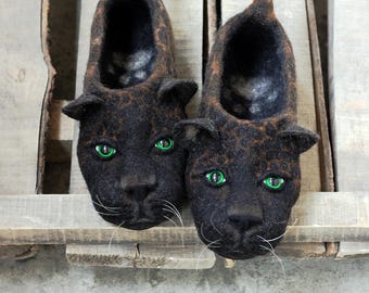 Black leopard felt slippers – realistic panther shoes, handmade wool art