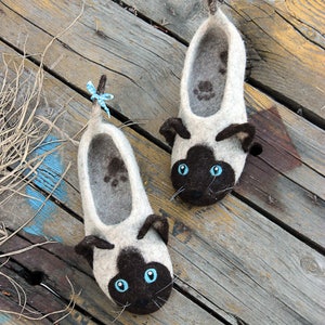 Siamese cats slippers, Himalayan cats, mink, Tonkinese, Burmese cat toy, animals, custom size, felted shoes, wool, cats, flat slippers, gift imagen 4