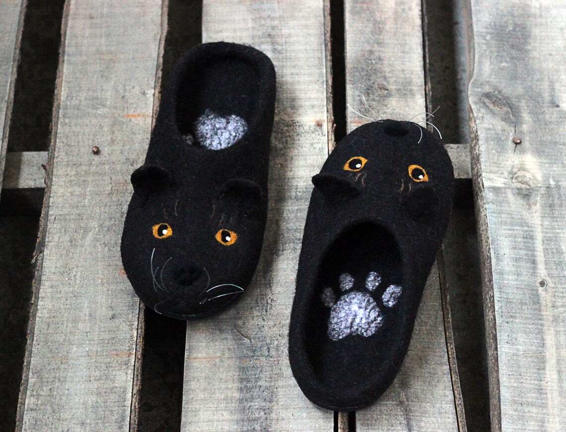 Black Cat slippers for men cats wool shoes felted animals Etsy