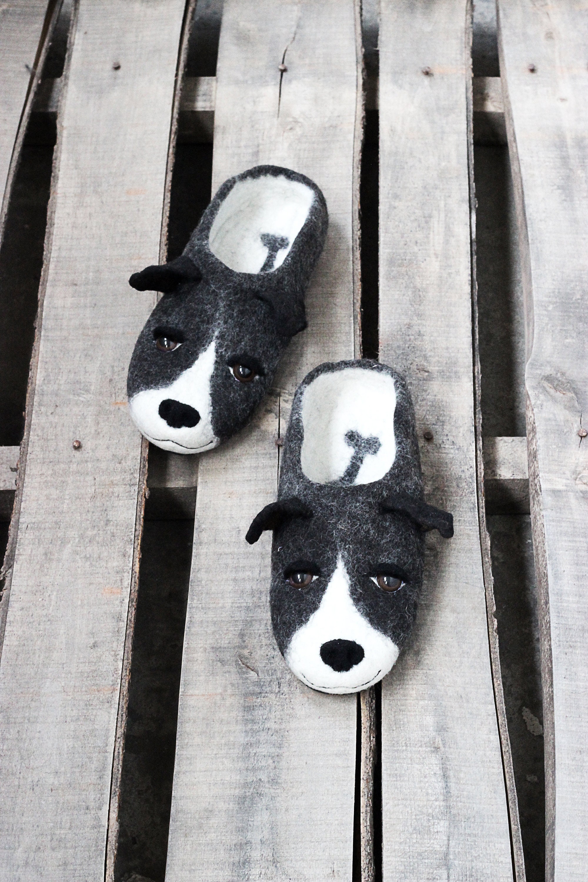 Black and White Dogs Slippers Handmade Eco Wool Flat Shoes toy Black Dog Breed Natural Felting Felted Animals Customized Etsy Canada