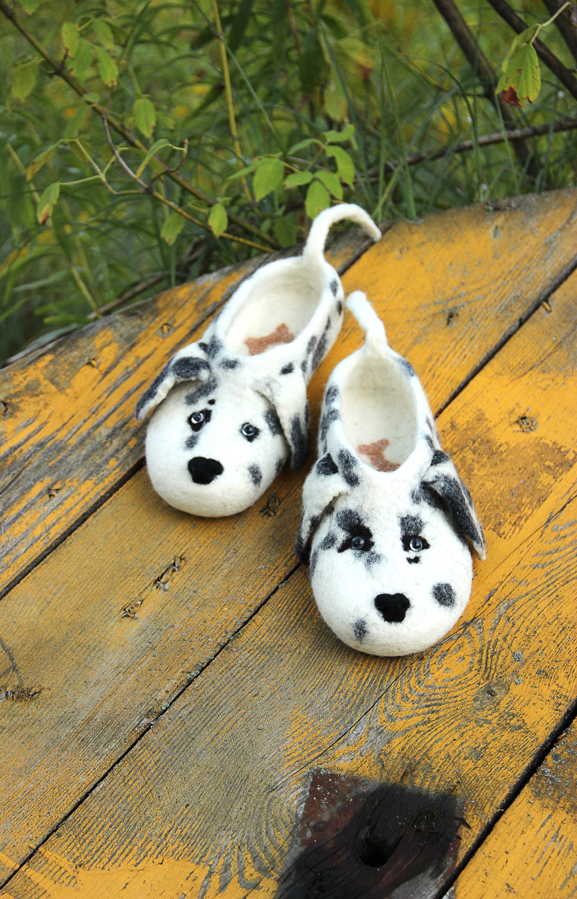 Dalmatian Dogs Slippers Wool Felted Flat Shoes toy Puppy Natural
