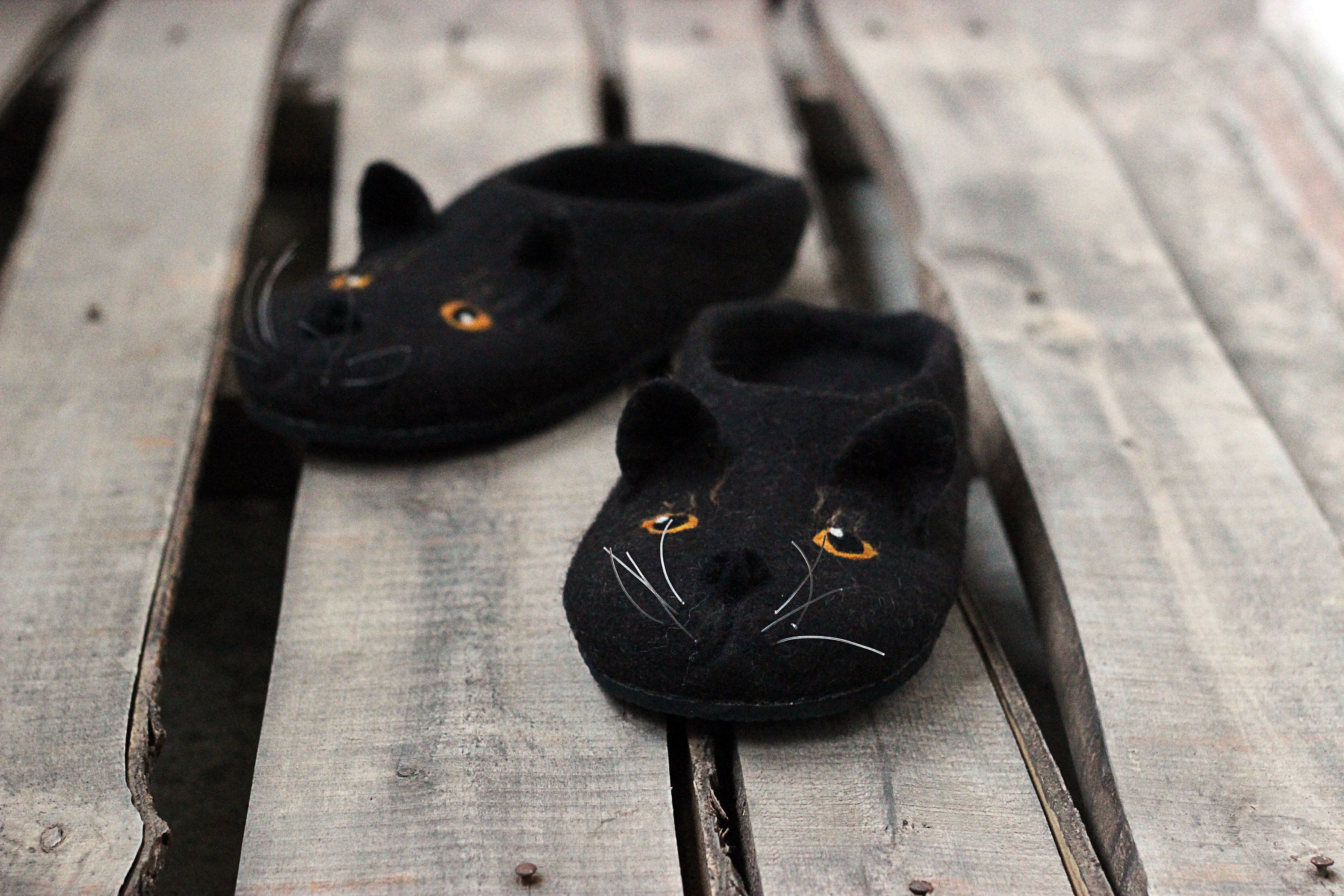Black Cat Slippers for Men Cats Wool Shoes Felted Animals - Etsy