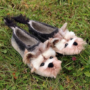 Yorkshire Terrier custom felted dog slippers, personalized, wool, mini dog toy shoes, felt, flat slippers, home, felting, dog lovers gift image 1