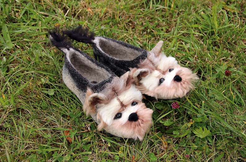 Yorkshire Terrier custom felted dog slippers, personalized, wool, mini dog toy shoes, felt, flat slippers, home, felting, dog lovers gift image 1