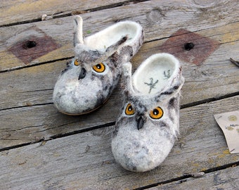 Owls slippers, handmade eco wool flat shoes/toy, natural, felting, felted animals, gift for woman, girl, bird slippers, personalized soft