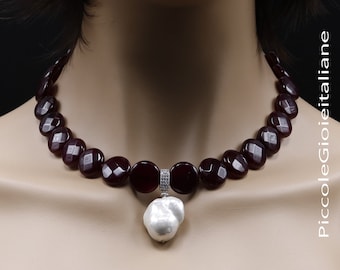 Necklace hard stones agate necklace ruby color necklace pearl baroque necklace artisanal Necklace Elegant necklace necklace silver necklace choker necklace