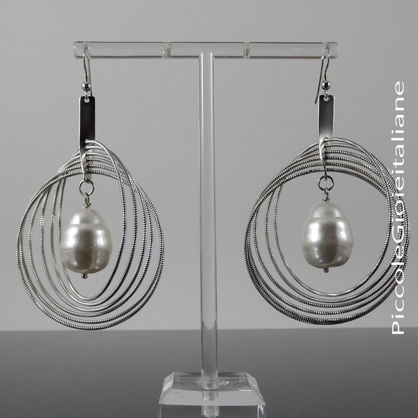 Earrings with hoops, pearl earrings, Mallorca pearl Earrings, modern Earrings, handcrafted Earrings, silver Earrings.
