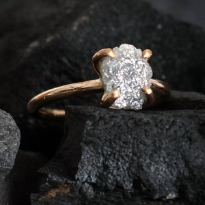 Alternative engagement ring, Natural gray rough diamond ring, Gold ring, Handcrafted ring, Contemporary ring