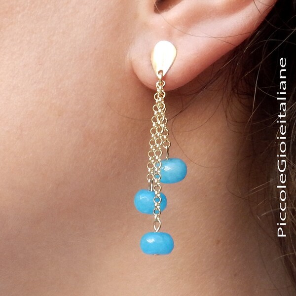 14k Gold Filled earrings, gemstone earrings, Golden Silver earrings, chain earrings, blue earrings, Handcrafted Earrings