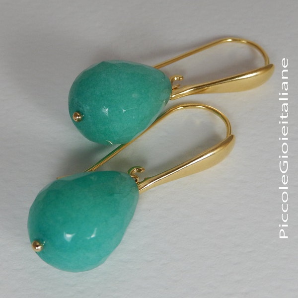 Semi-precious stone earrings, 925 golden silver earrings, Green agate earrings, Handcrafted earrings, Drop earrings, Women's earrings