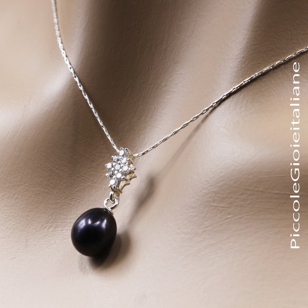 Necklace with black pearl, AAA cultivated pearl, 925 silver necklace with pearl, necklace with zirconia, elegant necklace handmade necklace