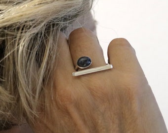 925 anel de prata azul safira anel aberto anel contemporâneo cabochão anel de barra anel artesanal anel feminino