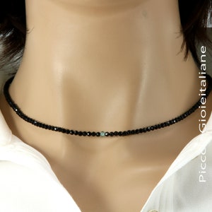 Spinel and Diamond Necklace, Diamond Bead Necklace, Natural Blue-Green Diamond, Unisex Necklace, Black Spinel Necklace, Choker Necklace