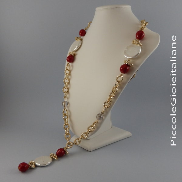 Mallorca pearl necklace, chain necklace, handmade necklace, fashion necklace, necklace with red Mallorca pearls, necklace with pearls