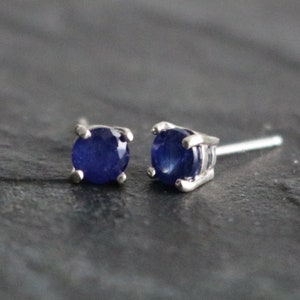 May include: A pair of silver stud earrings with round blue sapphire gemstones.