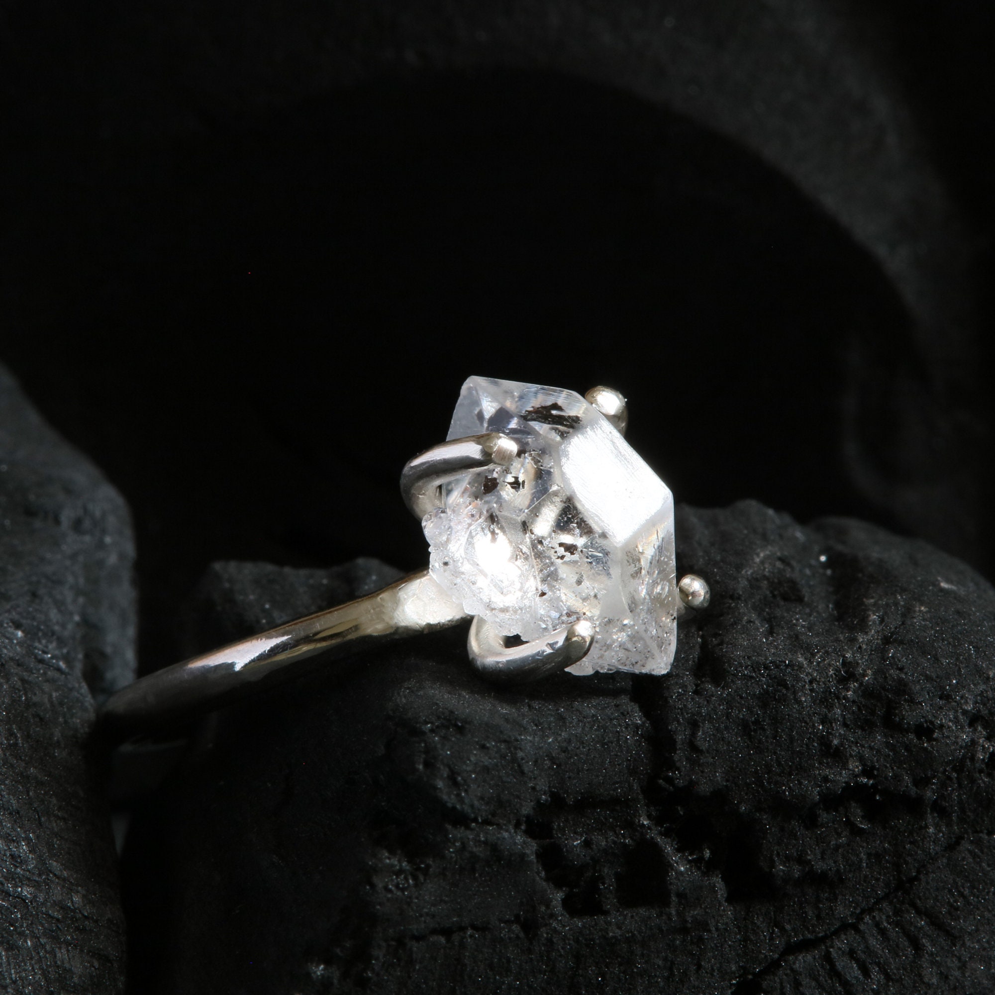 Herkimer Diamond Ring Hermiker Diamond Stone Black Diamond Ring Rough Herkimer Diamond Ring 925 Sterling Silver Natural Diamond Ring