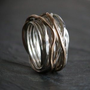 Sterling silver and gold multi-strand ring, Wire wrapped ring, Braided ring, Hammered ring, Handcrafted ring, 925 silver ring