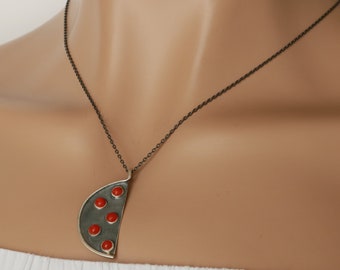 925 silver and red coral necklace Pendant necklace with coral Oxidized silver necklace Handmade necklace Coral cabochon necklace