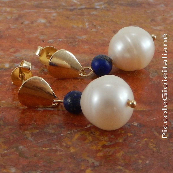 Earrings with pearls gold earrings filled 14k earrings Wedding earrings Modern earrings with pearls and lapis handcrafted earrings.