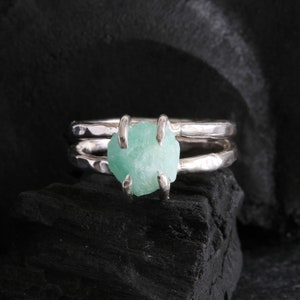 Emerald Ring, Silver Ring 925, Rough Stone Ring, Hard Stone Ring, Double Ring, Craft Ring, Hammered Ring