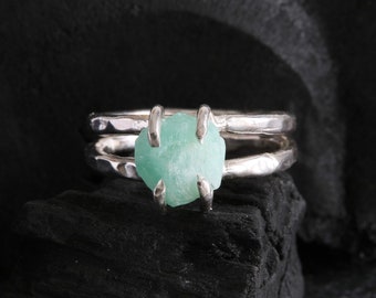 Emerald Ring, Silver Ring 925, Rough Stone Ring, Hard Stone Ring, Double Ring, Craft Ring, Hammered Ring