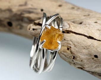 Meerdraads ring met citrien en zilver 925 Ruwe steen ring Ring gewikkelde draad Rauwe citrien Handgemaakte ring Gevlochten ring