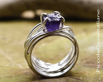 Multi-wire ring with amethyst and silver 925, Rough Stone Ring, Large Ring, Women's Ring, Woven Ring, Purple Amethyst