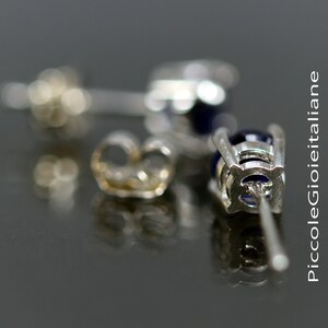 May include: Close-up of a pair of silver earrings with blue gemstones. The earrings have a post back closure and are designed with a delicate, intricate pattern.