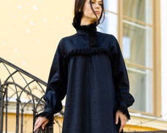 Victorian Nightgown, Vintage Sleepwear, 1900s Nightwear, Old Fashion Nighty, Vintage Nightie, Edwardian Night Gown Victorian Winter in Black