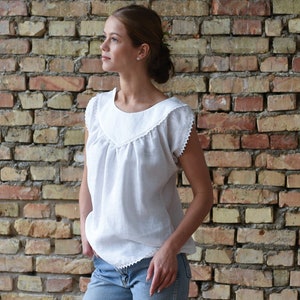 Linen Blouse, Peasant Blouse, Cottagecore Shirt, Ruffle Top, Vintage Clothing, Short Sleeve Top, Old Fashion Blouse, Vecpiebalgas Linen Top