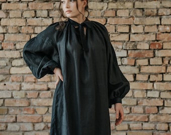 VESTIDO DE LINHO em preto, Vestido longo de linho, Traje de linho natural, Vestido de linho estilo antigo, Roupa de linho vintage, Vestido de linho moderno de meados do século