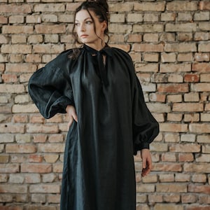 LINEN DRESS in Black, Long linen dress, Natural linen outfit, Old-style Linen Dress, Vintage Linen Clothing, Mid Century Modern Linen Dress