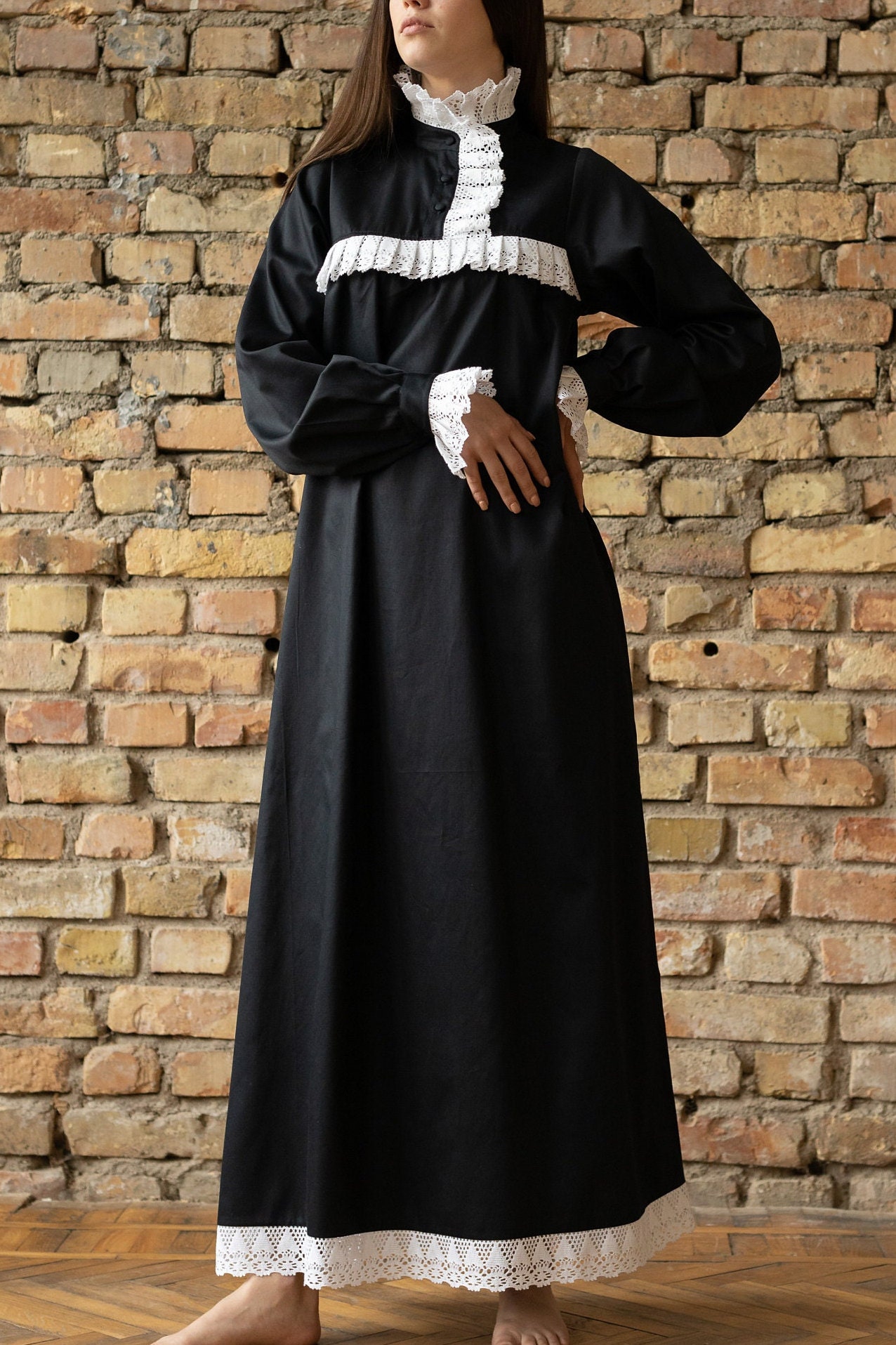 Victorian Winter in Black white Women s Long Cotton Night Gown Vintage Inspired Victorian Nightgown Nightdress Gothic Victorian Woman Etsy