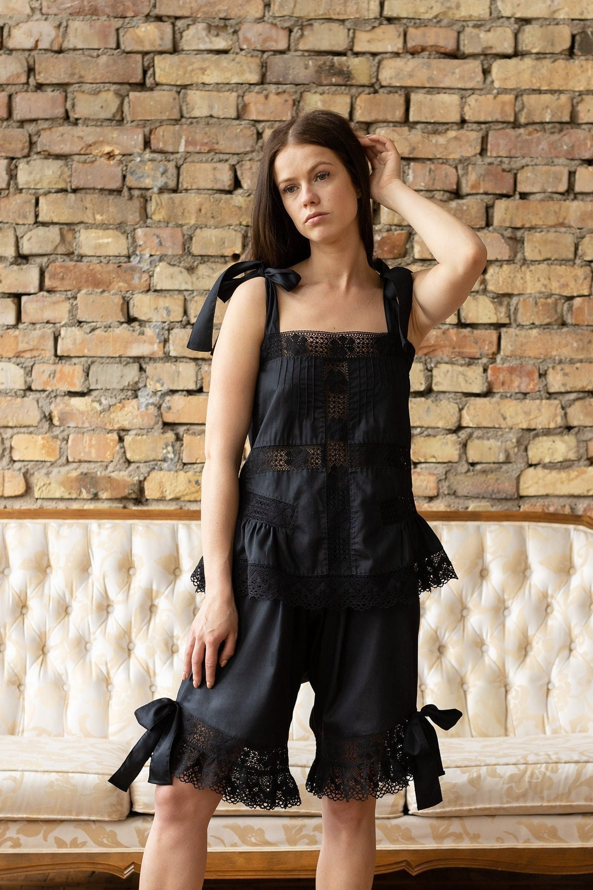 Victorian Underwear, Black Lace Pajamas, Old Fashion Nightwear