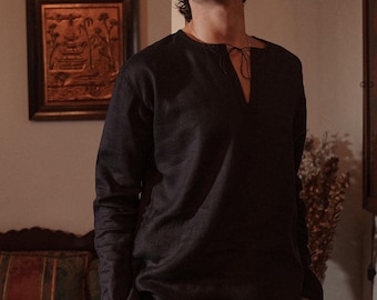 Black Linen Vintage Inspired Poet Shirt for Men