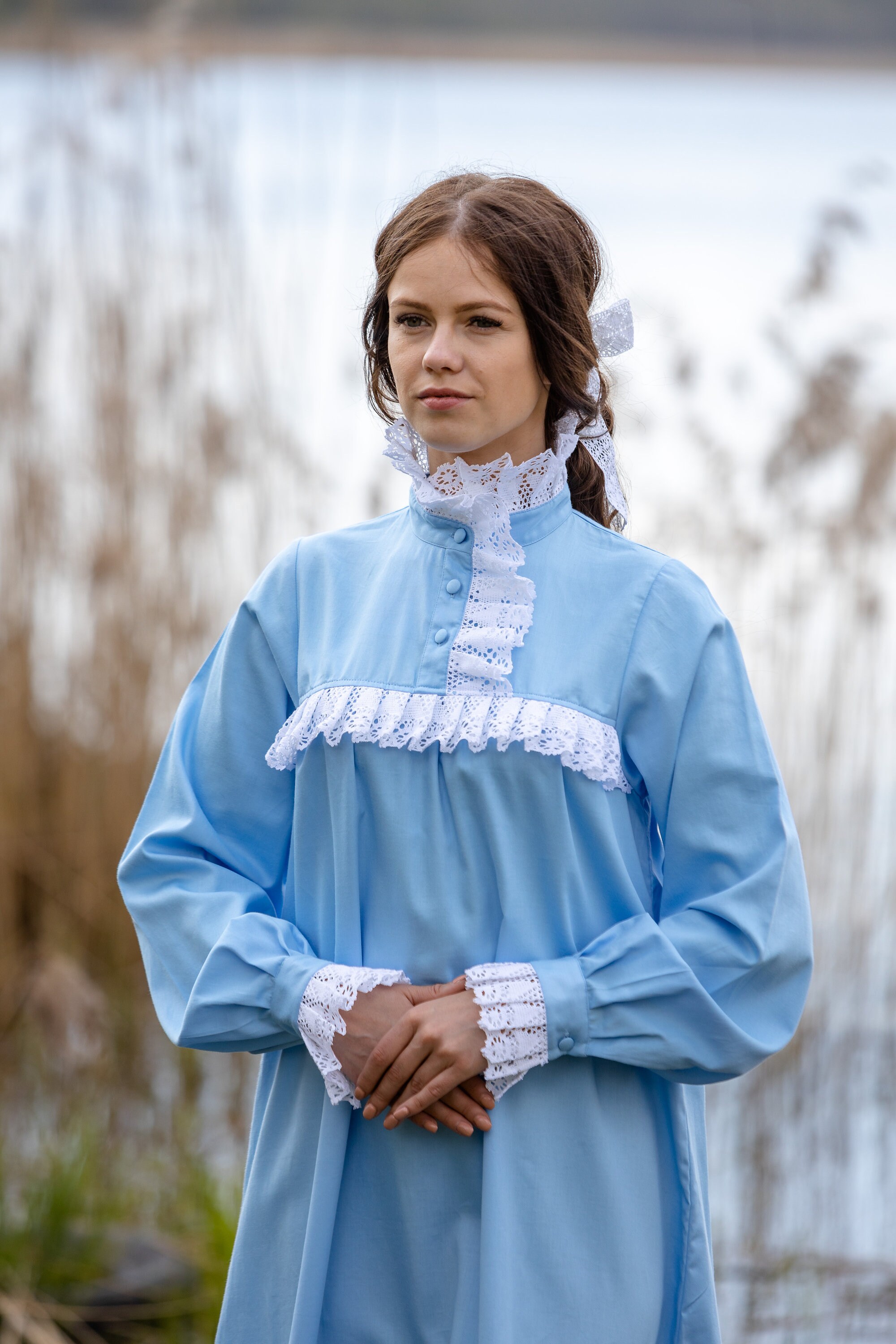 ワンピース 1900s Fluffy Collar Night Dress Victorian Nightgown, Long Night Gown, Vintage Sleepwear