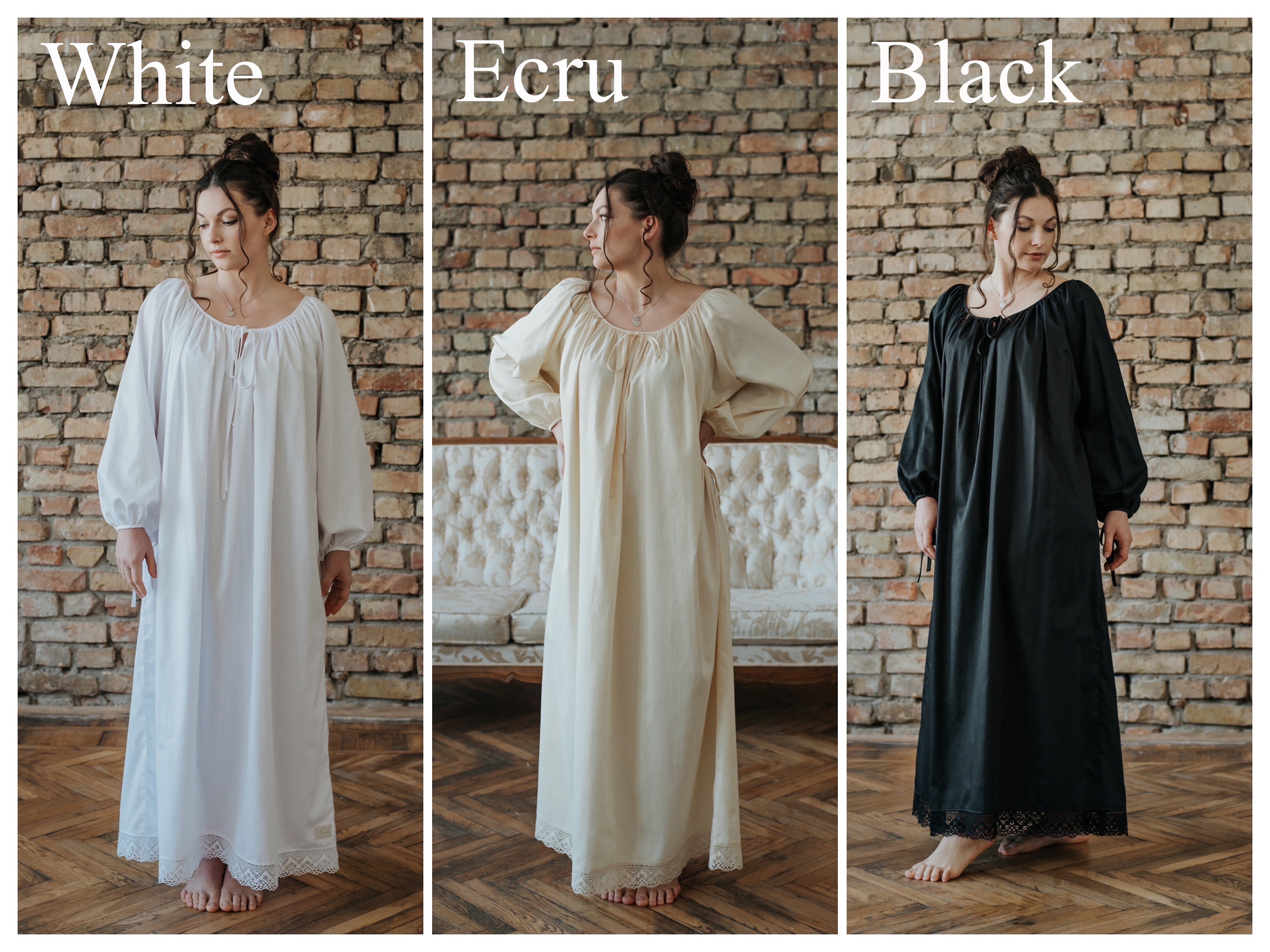 Milda - Victorian Vintage Inspired Nightgown in Black, White, Ecru