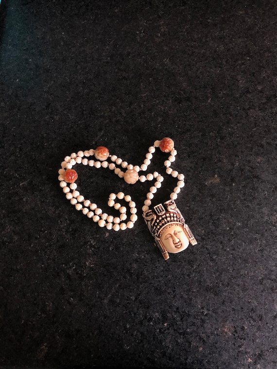 Carved Bone Empress Necklace with Bone and Jade Be