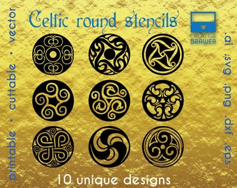 9 Keltische Digitale Schablonenvorlagen, Cookie Schablonen oder Kaffee Schablonen - 5 Dateiformate SVG DXF eps AI png, zum Laserschneiden, Drucken etc.