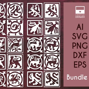 May include: A set of 20 black and white vector illustrations of stylised mythical creatures in a square frame. The illustrations are in a medieval style and feature a variety of creatures, including griffins, dragons, and unicorns. The text "Bundle 3" is visible in the lower right corner of the image.