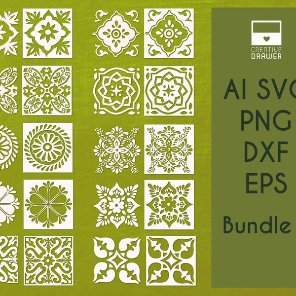 Spanish tile bundle 5 -digital cut files SVG, DXF, vector - 10 printable Talavera tiles for laser cutting, wall & furniture painting, Cricut