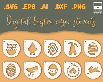 10 Ostern Kaffee Schablonen, Cookie Schablonen - digitale Schnittdatei - 5 Dateiformate SVG DXF eps AI png, zum Laserschneiden, Drucken