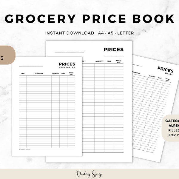 Grocery Price Book, Market Price Book Printable, A4, A5, Letter, PDF, Instant Download, Budget Planner, Financial Planner, Money Binder